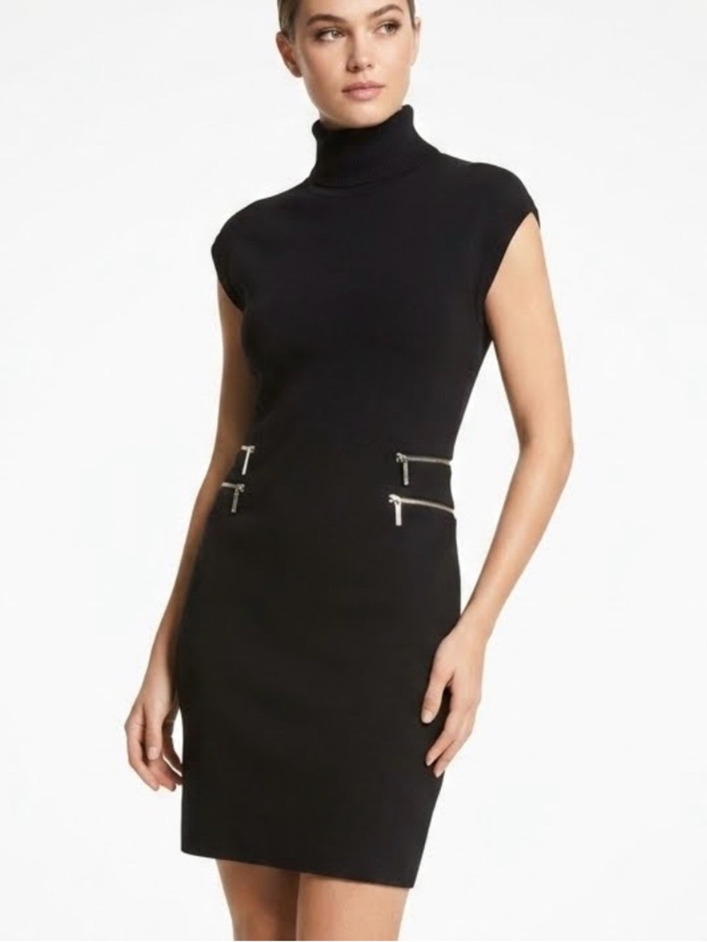 Michael Kors Black Turtleneck Cap-Sleeve Sweater Dress w/Side Zipper 44% cotton